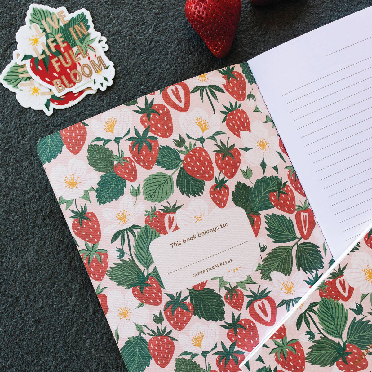 Live Life in Full Bloom Strawberry Patch Stitched Notebook