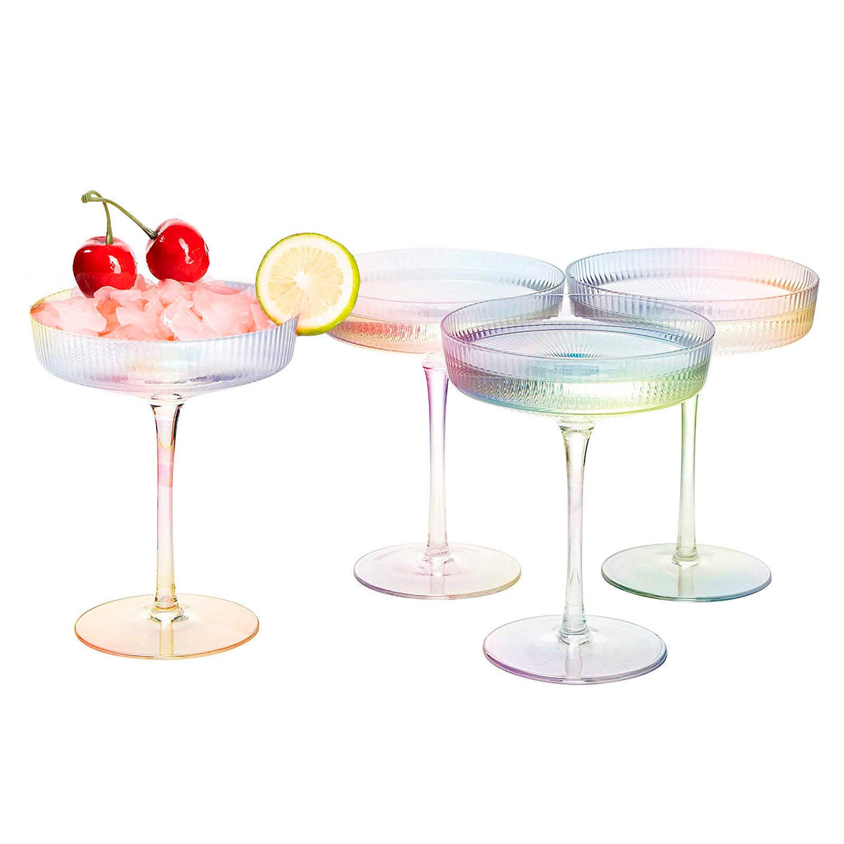 Set of 4 Ripple Ribbed Champagne Coupe Iridescent Colored