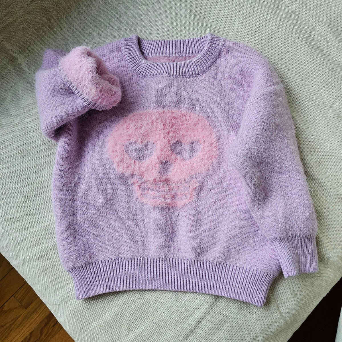 Purple and Pink Fuzzy Skull Sweater Ready to Ship