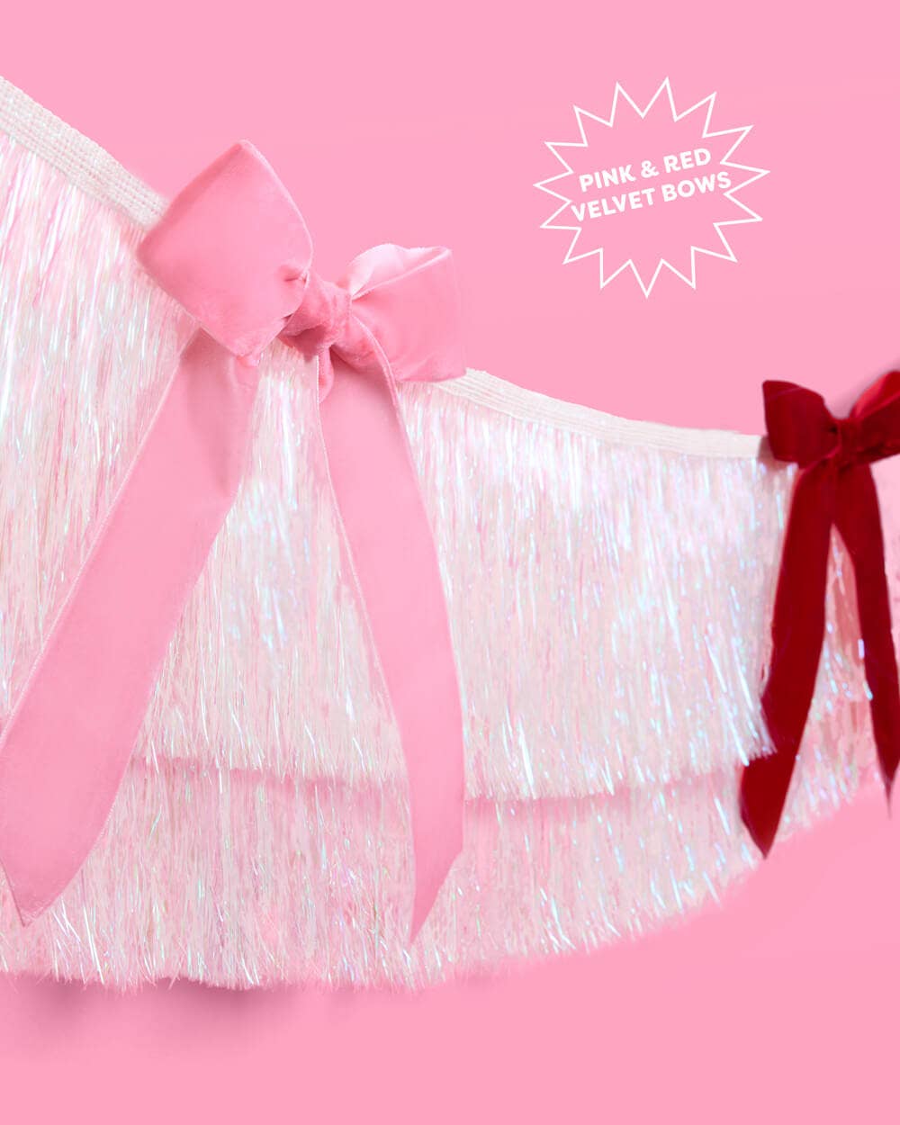 Bow Bliss Banner - layered fringe + velvet bows, white, pink