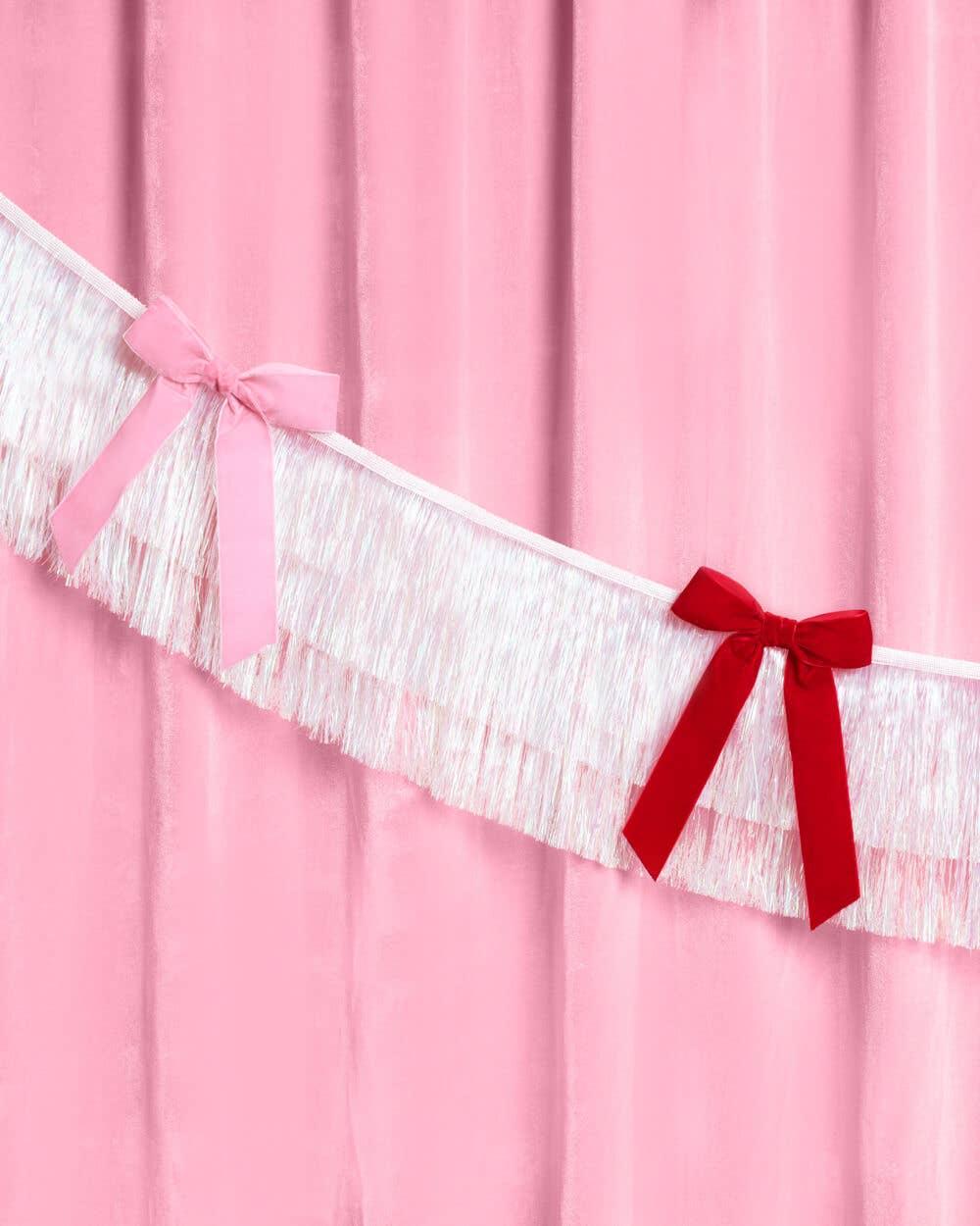 Bow Bliss Banner - layered fringe + velvet bows, white, pink