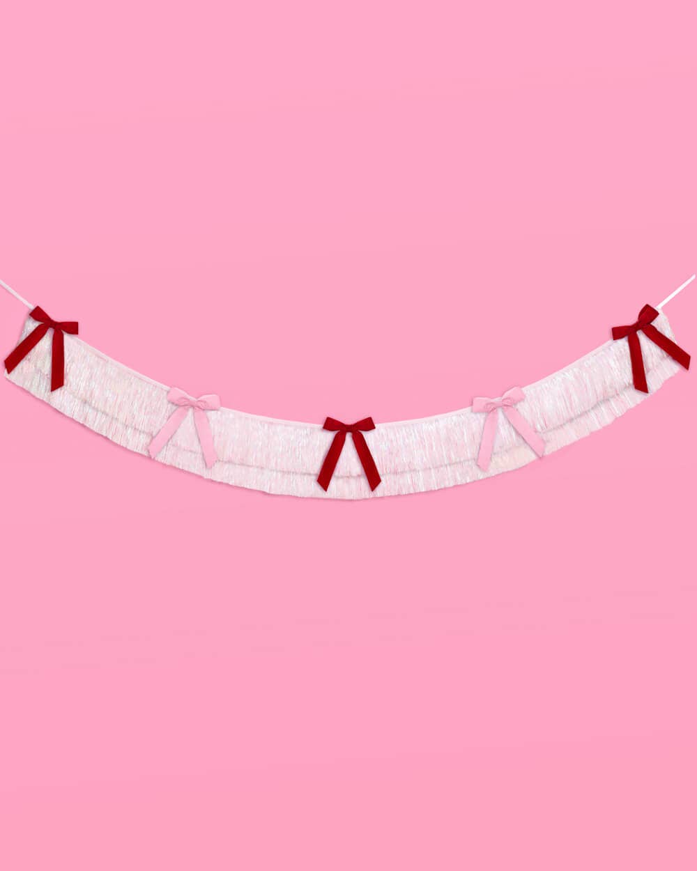 Bow Bliss Banner - layered fringe + velvet bows, white, pink