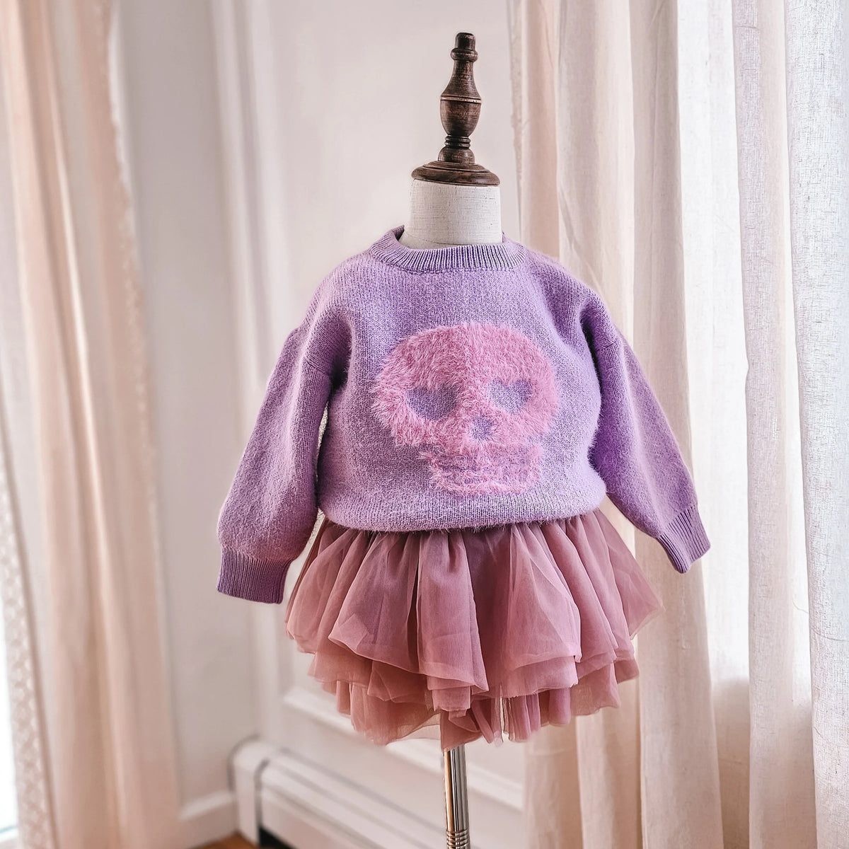 Purple and Pink Fuzzy Skull Sweater Ready to Ship