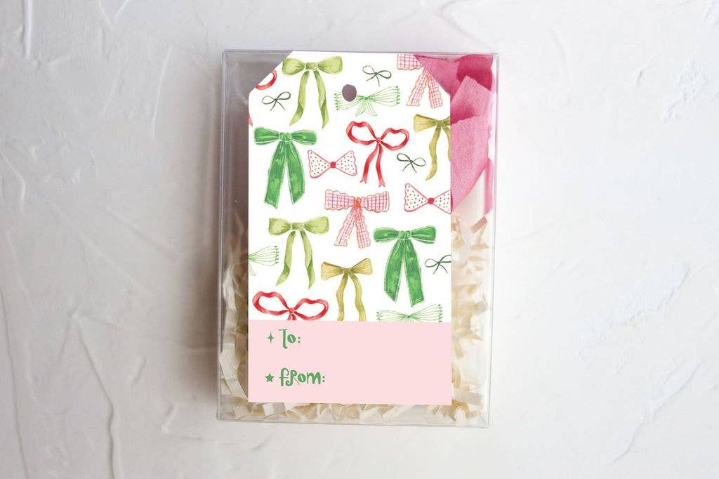 Festive bows gift tag set, ribbon, gift wrap supplies