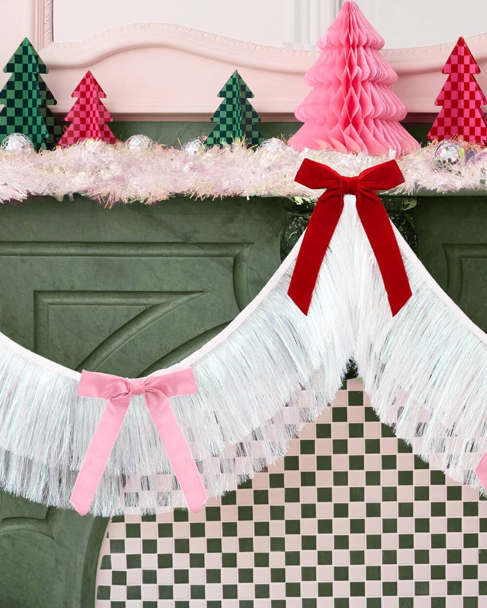 Bow Bliss Banner - layered fringe + velvet bows, white, pink